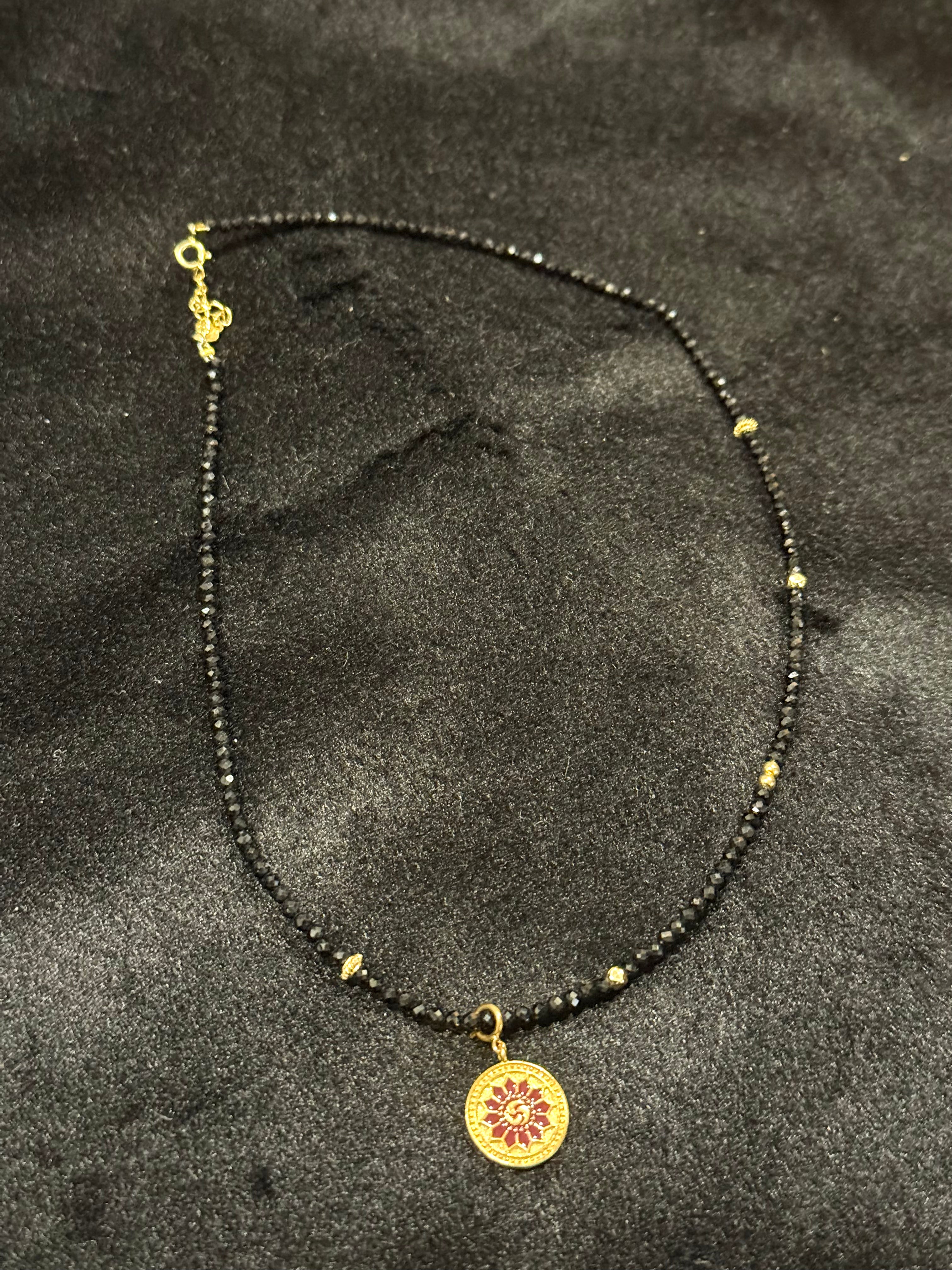 Black Tourmaline Two-Sided Necklace | 925 Gold-Plated Reversible Pendant with Black Beads