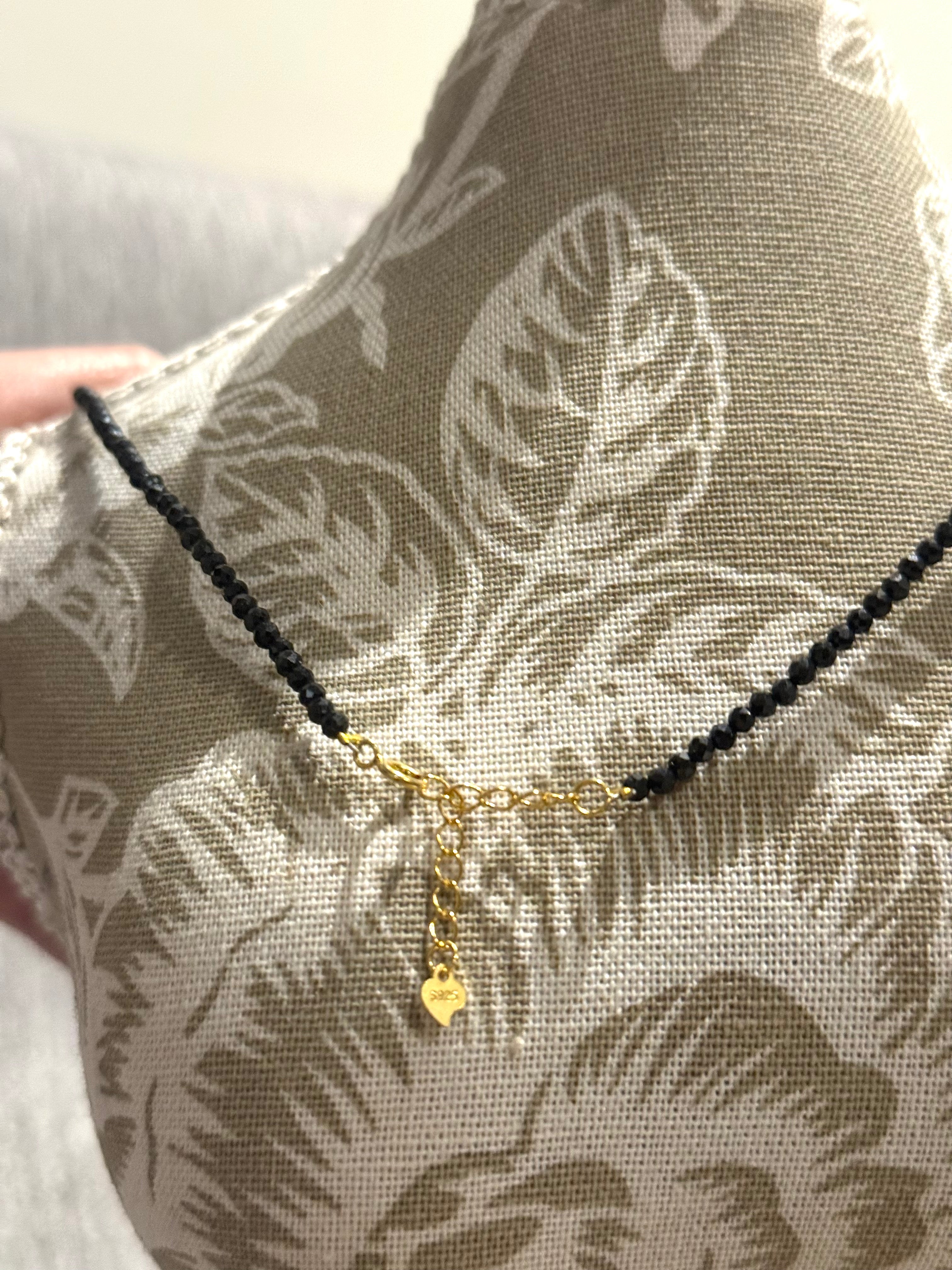 Black Tourmaline Two-Sided Necklace | 925 Gold-Plated Reversible Pendant with Black Beads