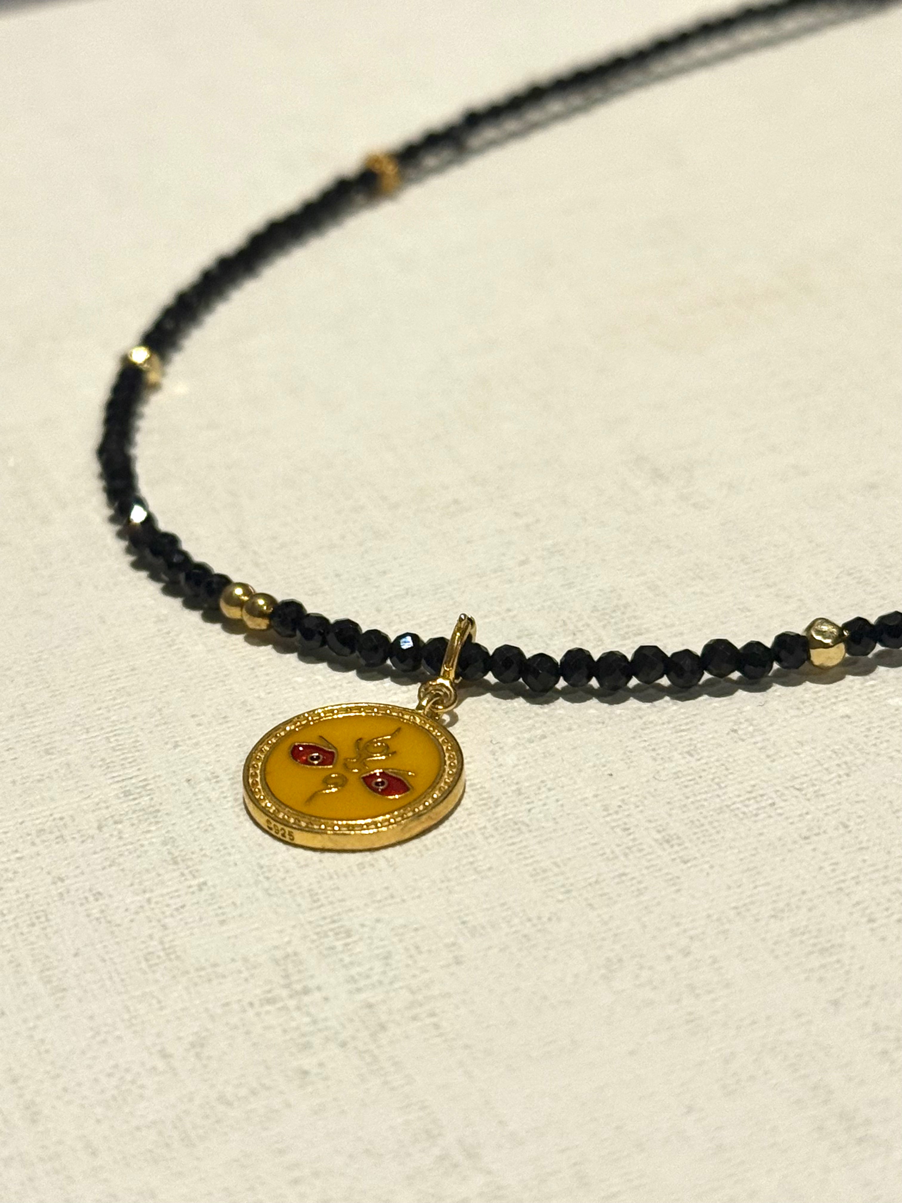 Black Tourmaline Two-Sided Necklace | 925 Gold-Plated Reversible Pendant with Black Beads
