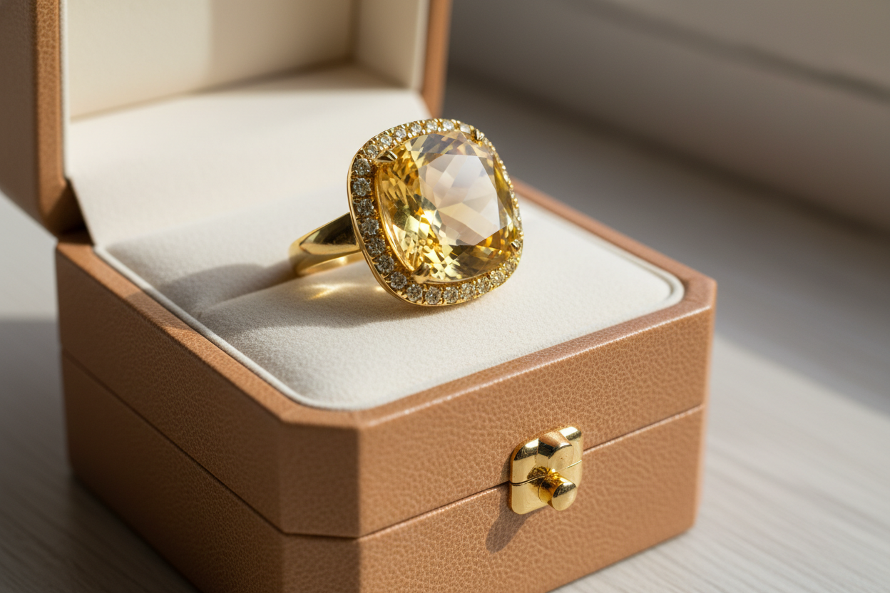 a yellow crystal ring on the beautiful light brow box